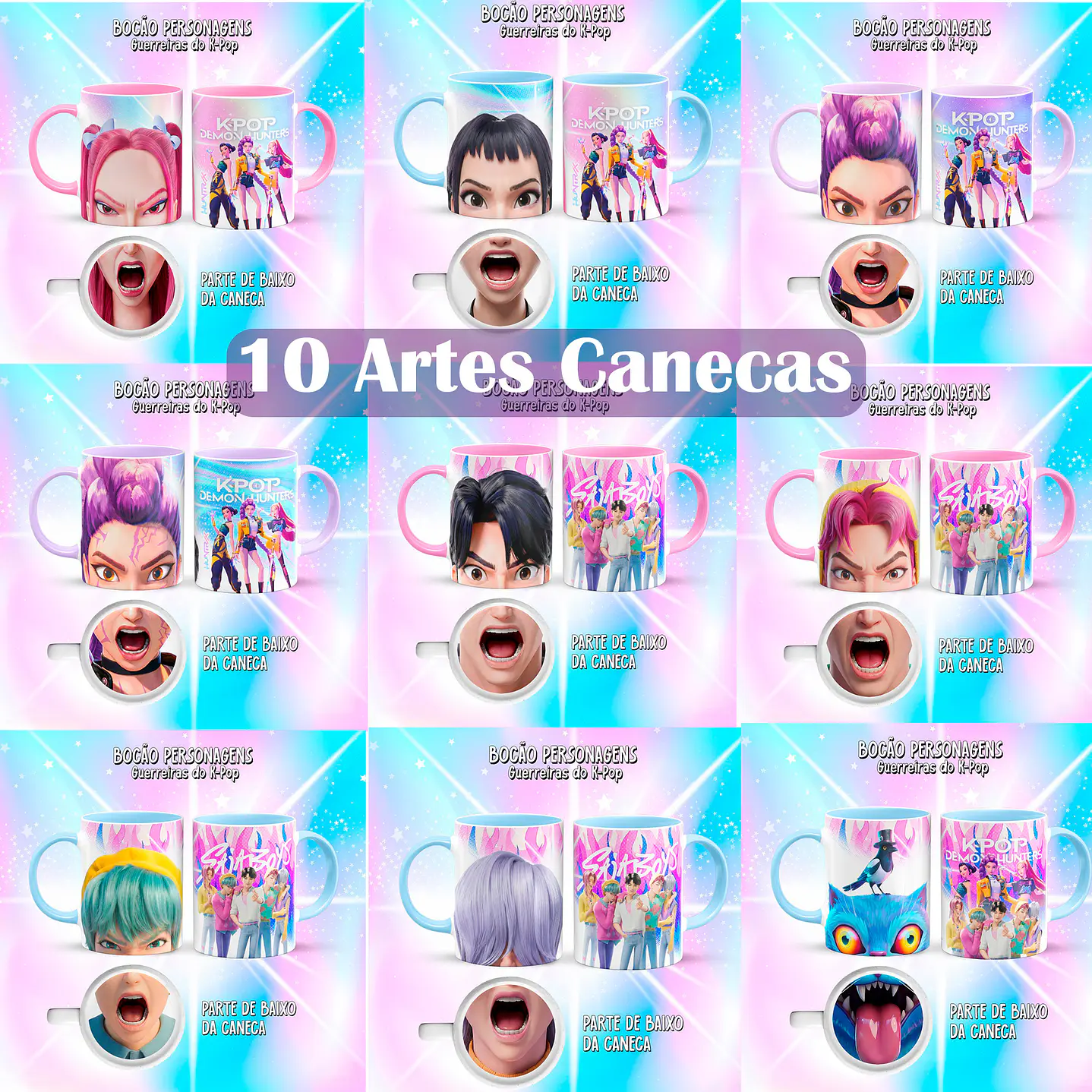 Kit 10 Artes Caneca Bocão Guerreiras do K-Pop PNG 1