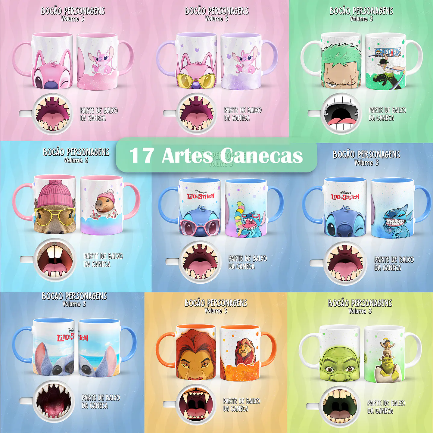Kit 17 Artes Caneca Boca Personagens PNG 1