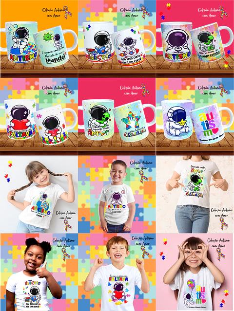 20 Artes para Canecas + 22 Artes para Camisetas Autismo PNG