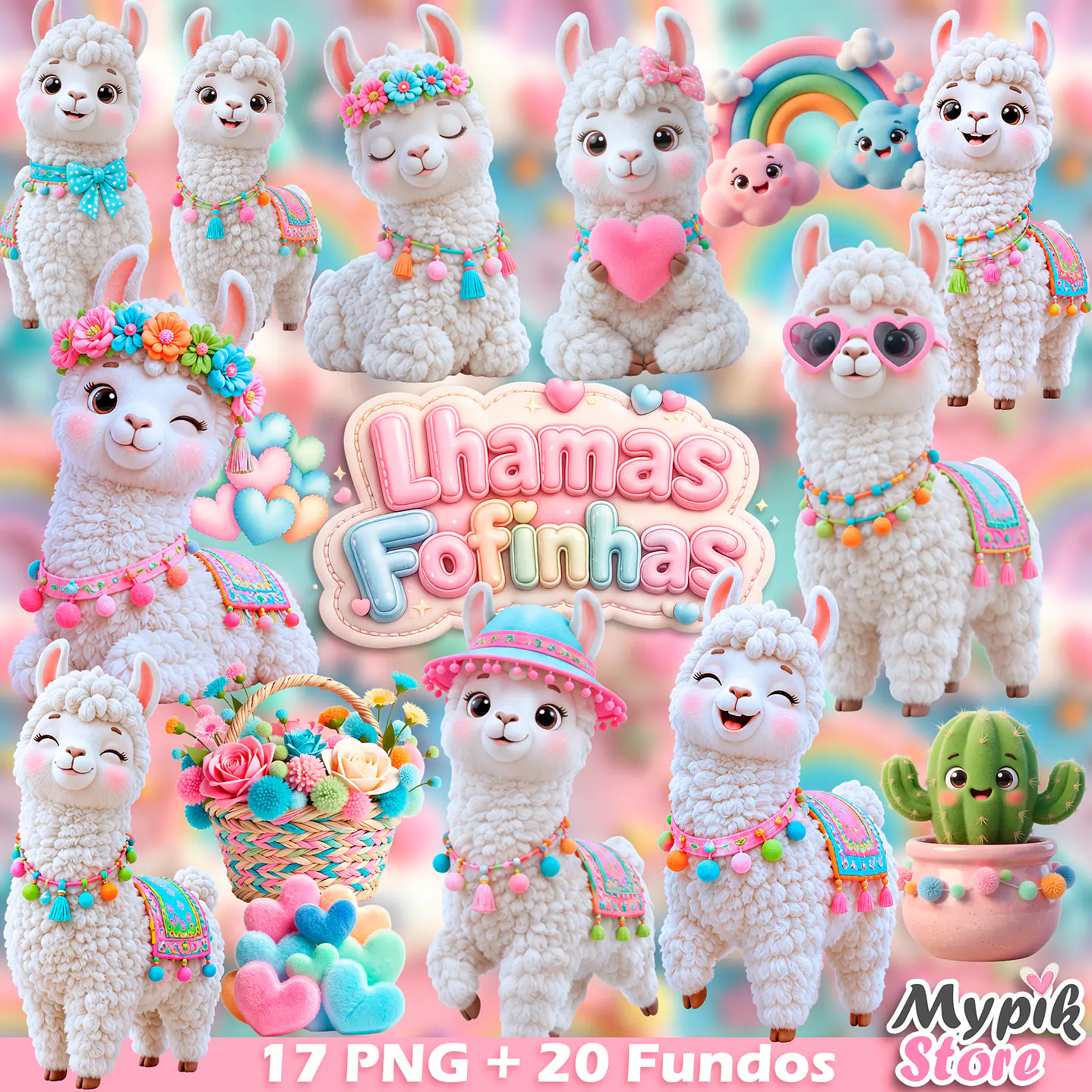 Kit Digital Lhamas Fofinhas 3D PNG com Fundos JPG 1