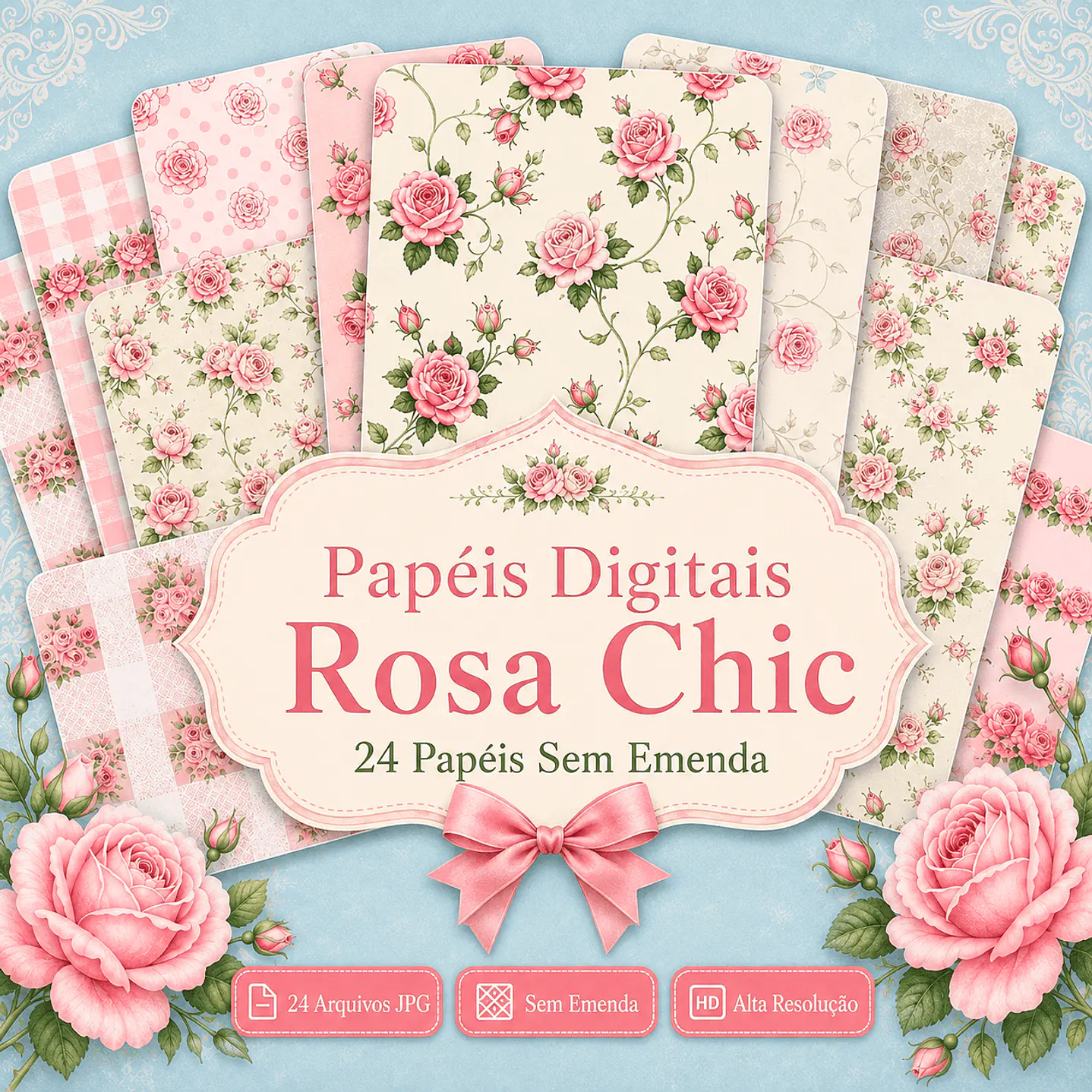 Kit Digital Papéis Rosa Chic Floral - 24 Papéis JPG 1