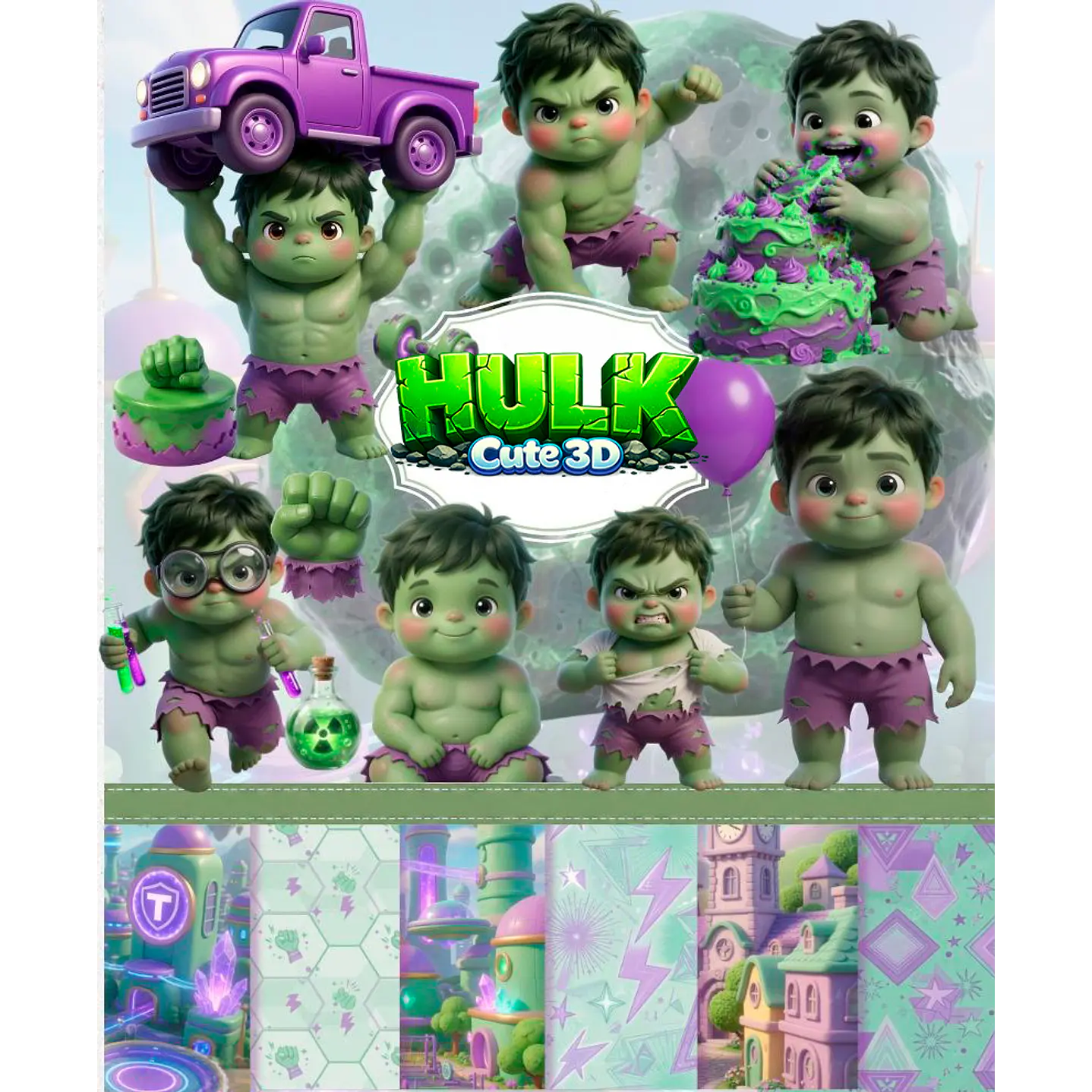Kit Digital Hulk Cute 3D PNG com Fundos para Personalizados 1