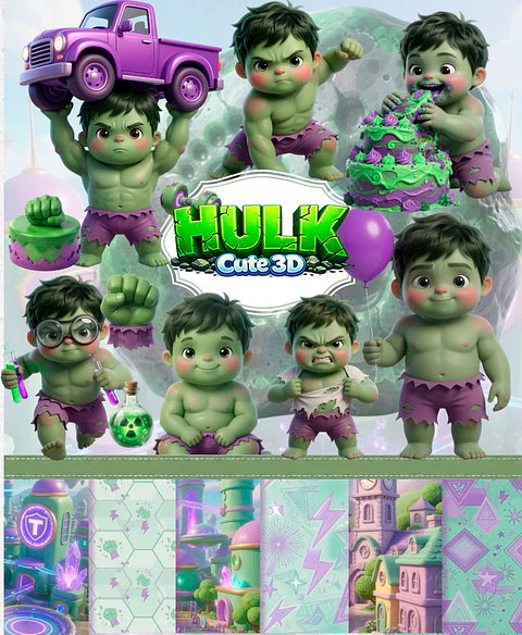 Kit Digital Hulk Cute 3D PNG com Fundos para Personalizados