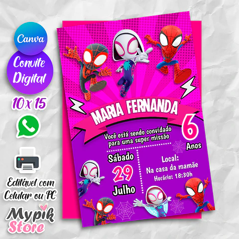 Convite Digital Spidey e Seus Amigos Rosa - Editável com Canva 