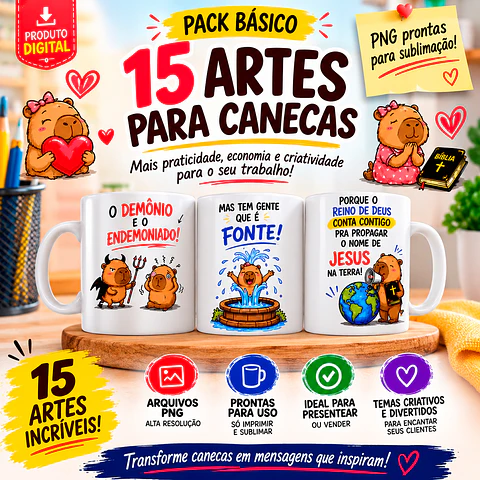 Kit Digital 15 Artes de Capivara para Canecas PNG