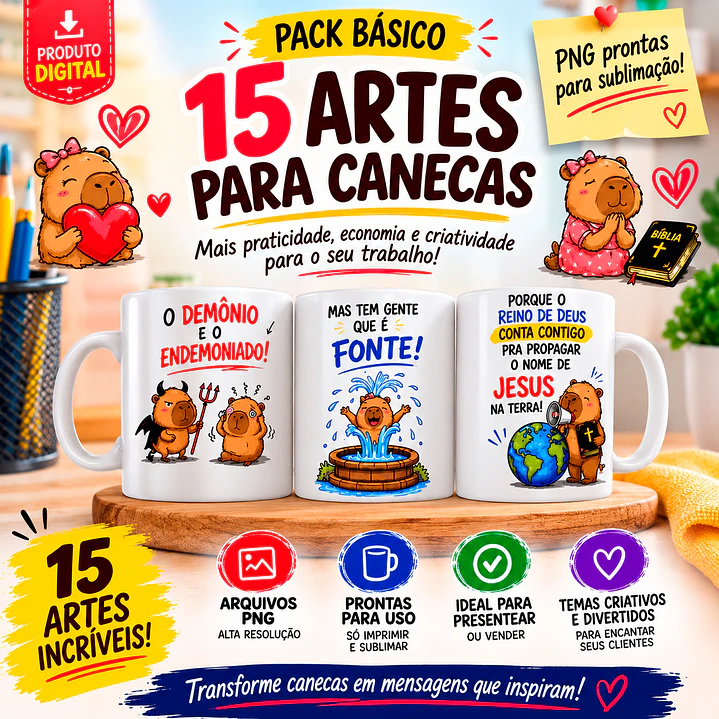 Kit Digital 15 Artes de Capivara para Canecas PNG 1