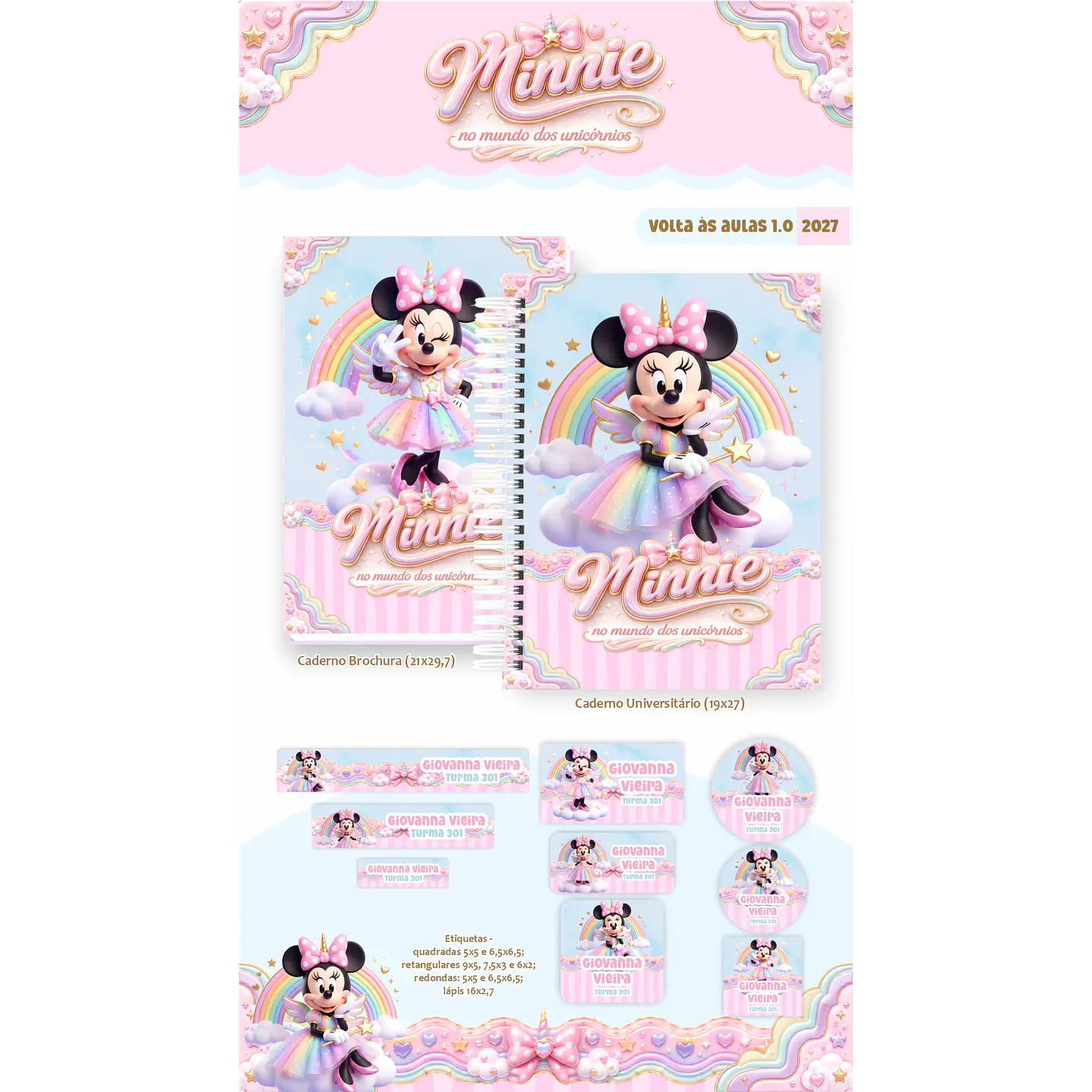 Encadernação Minnie Unicórnio 2027 para Volta às Aulas 2