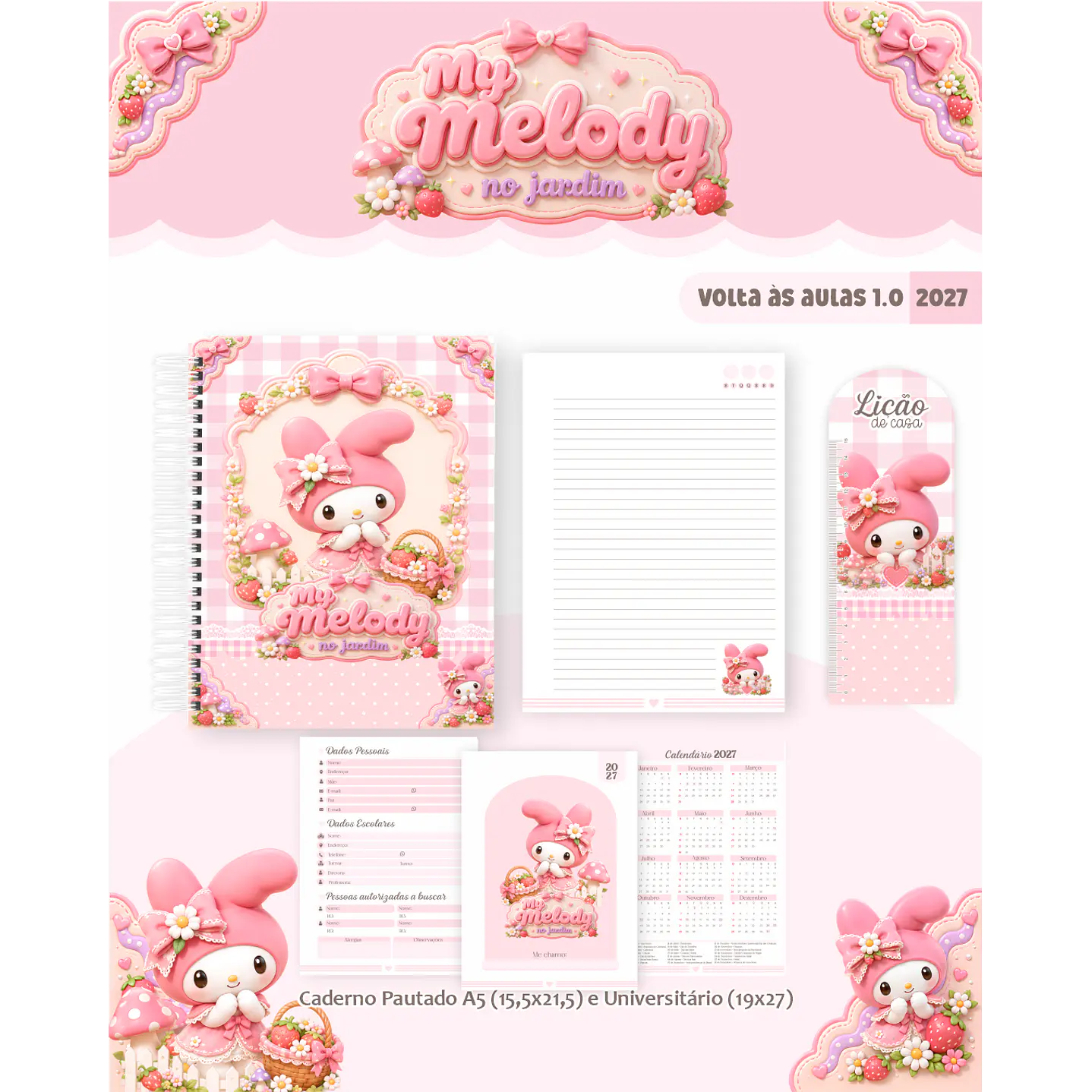 Kit Encadernação My Melody Jardim 2027 - Volta às Aulas 3
