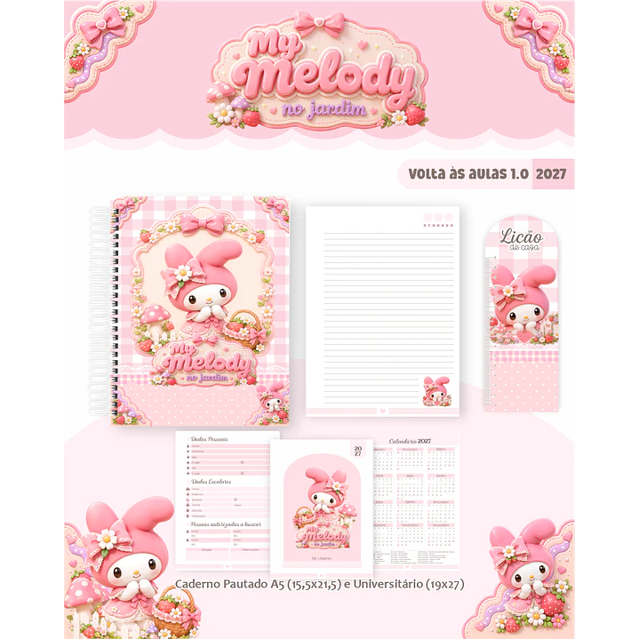 Kit Encadernação My Melody Jardim 2027 - Volta às Aulas 3