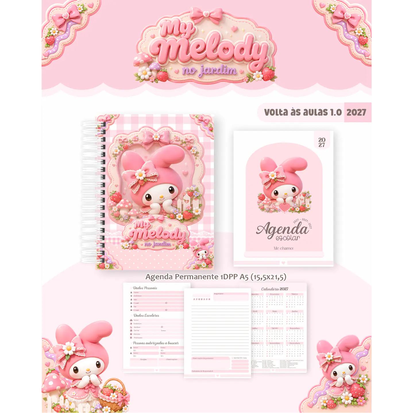 Kit Encadernação My Melody Jardim 2027 - Volta às Aulas 4