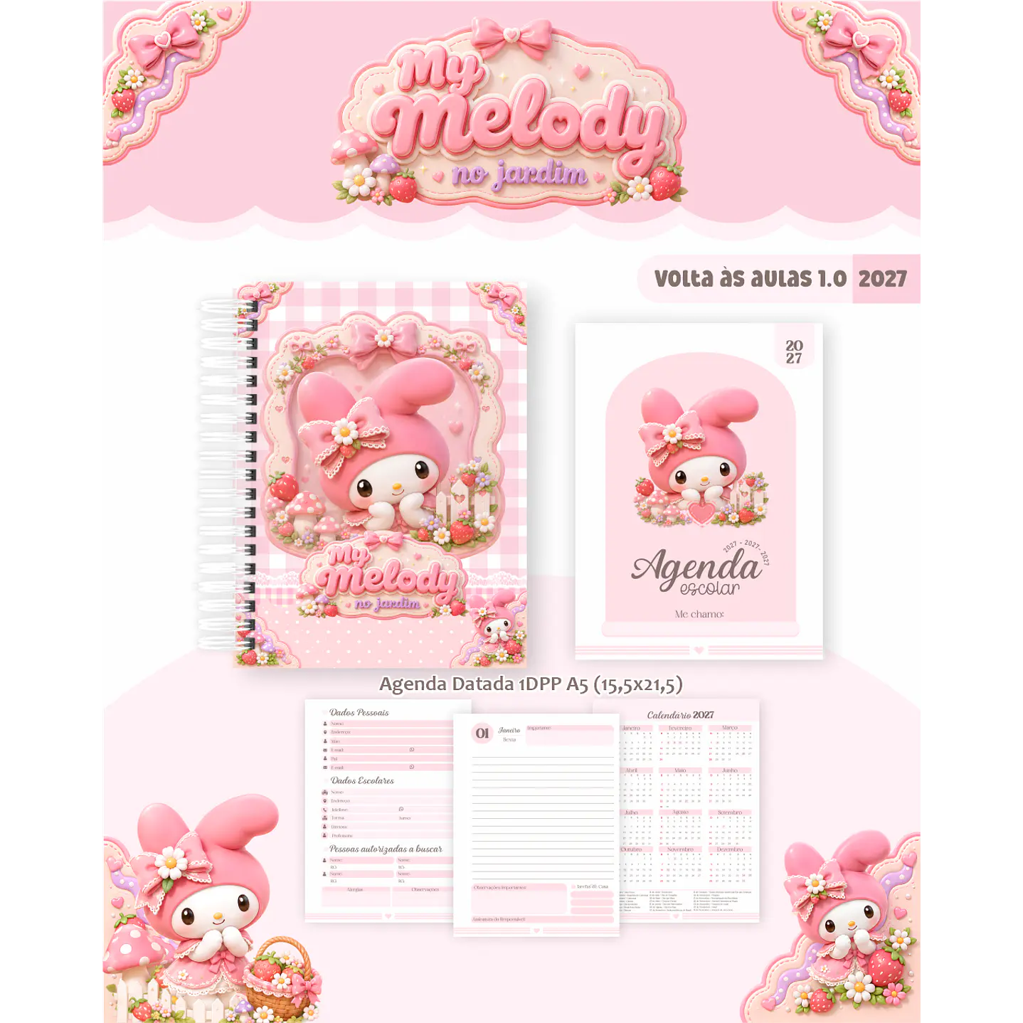 Kit Encadernação My Melody Jardim 2027 - Volta às Aulas 5