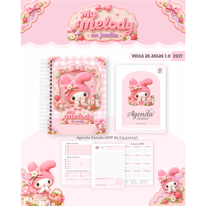 Kit Encadernação My Melody Jardim 2027 - Volta às Aulas 5