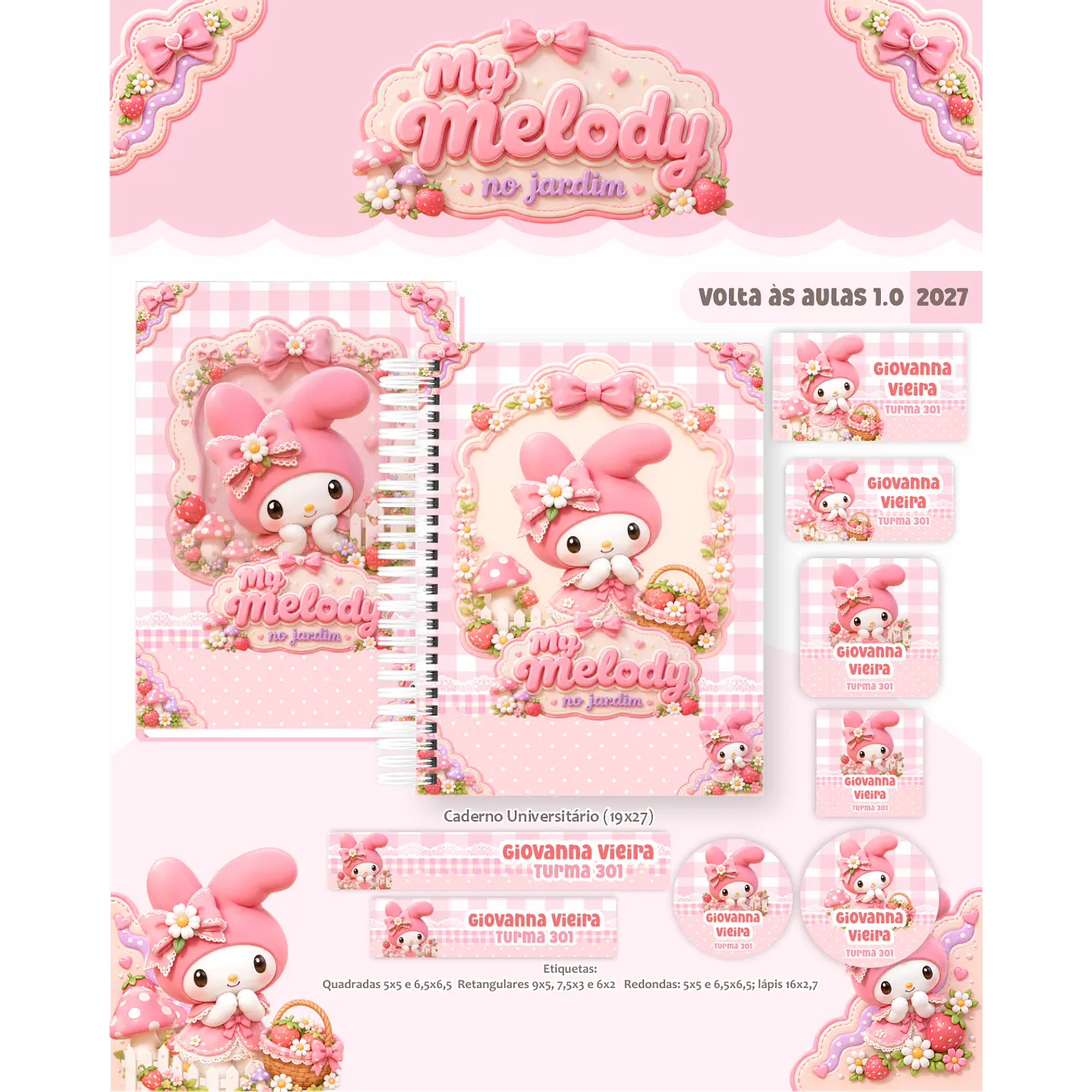 Kit Encadernação My Melody Jardim 2027 - Volta às Aulas 1