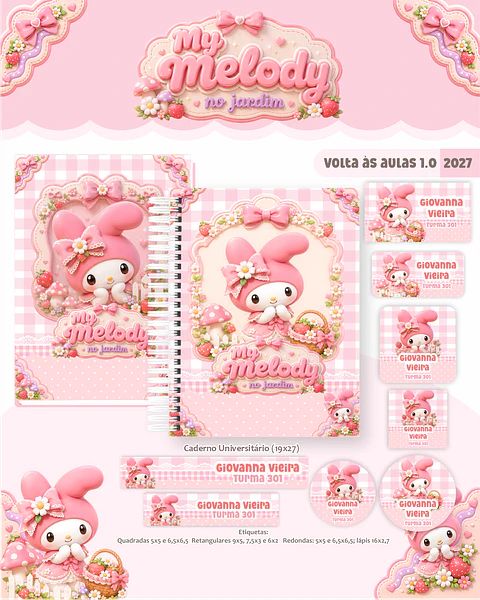 Kit Encadernação My Melody Jardim 2027 - Volta às Aulas