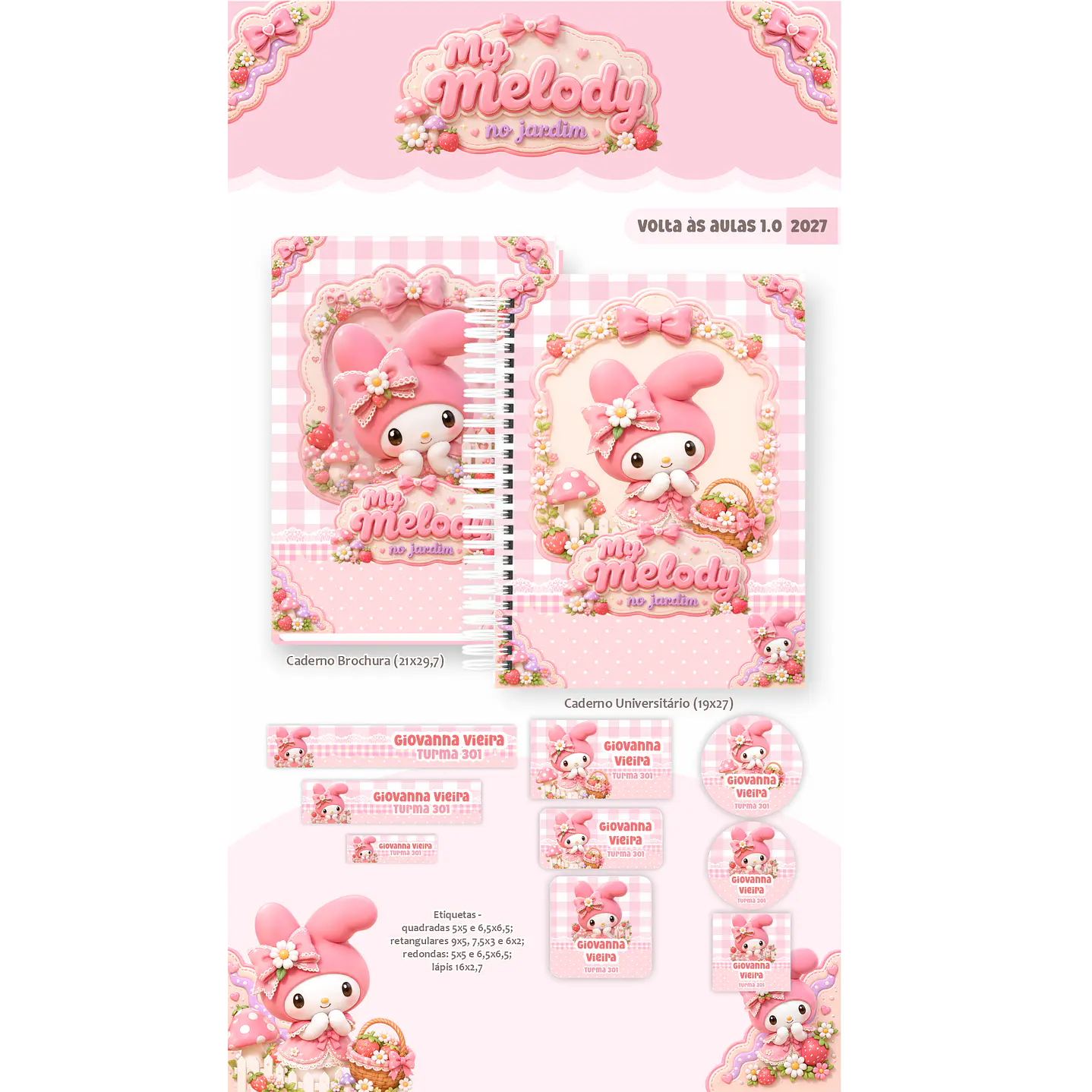 Kit Encadernação My Melody Jardim 2027 - Volta às Aulas 8