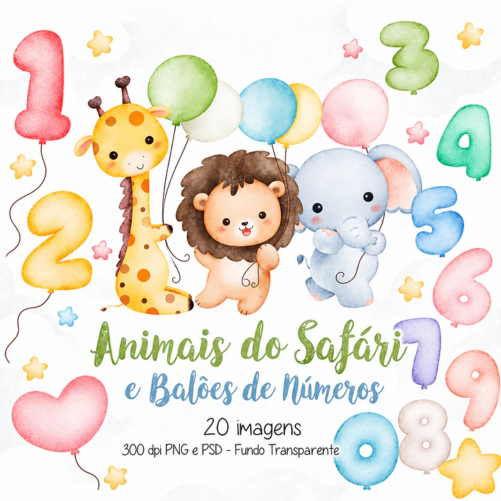 Kit Digital Animais Safari PNG – Balões de Números 1