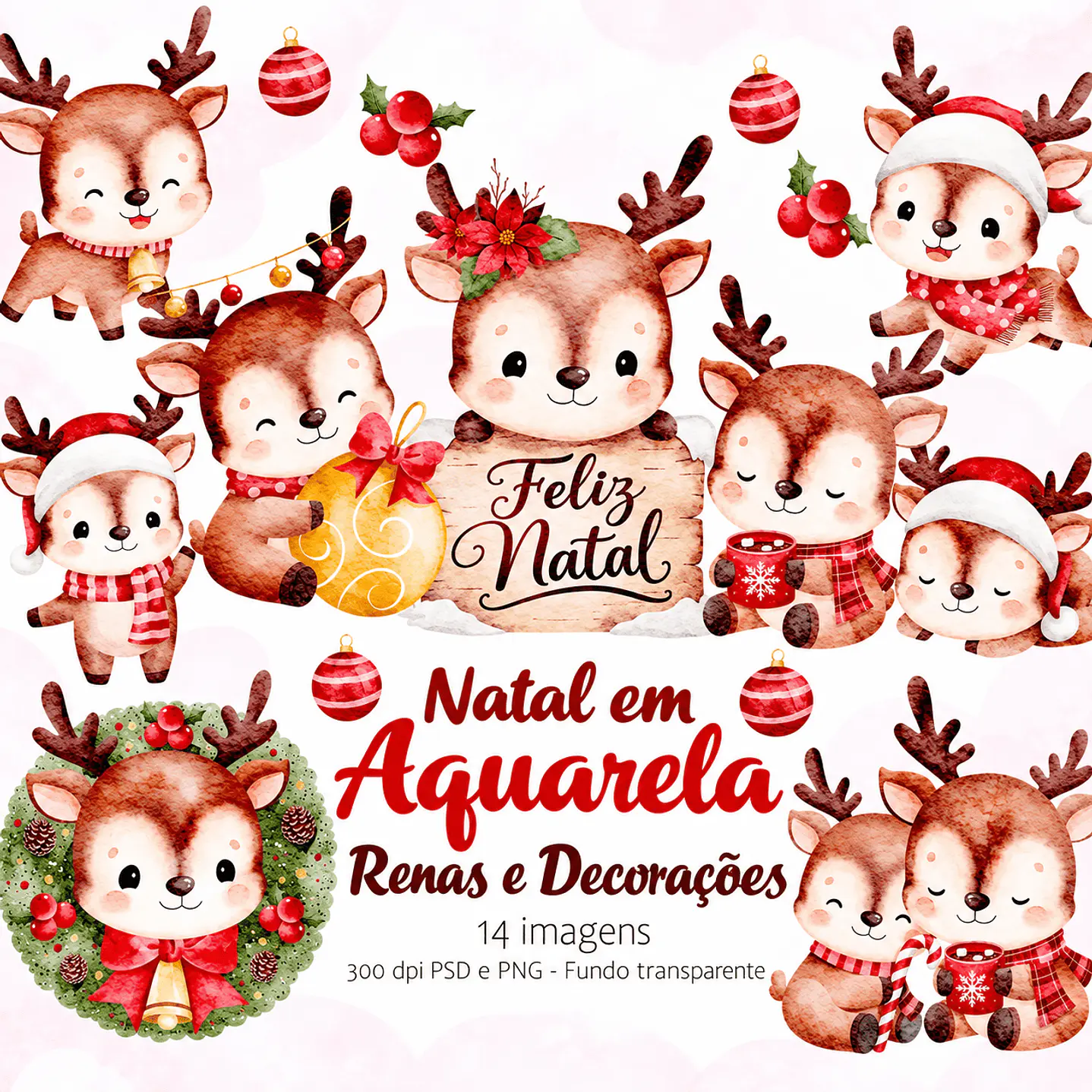 Kit Digital Natal em Aquarela Renas e Decorações 1