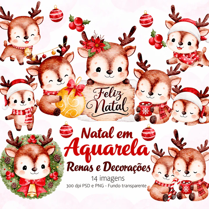 Kit Digital Natal em Aquarela Renas e Decorações 1