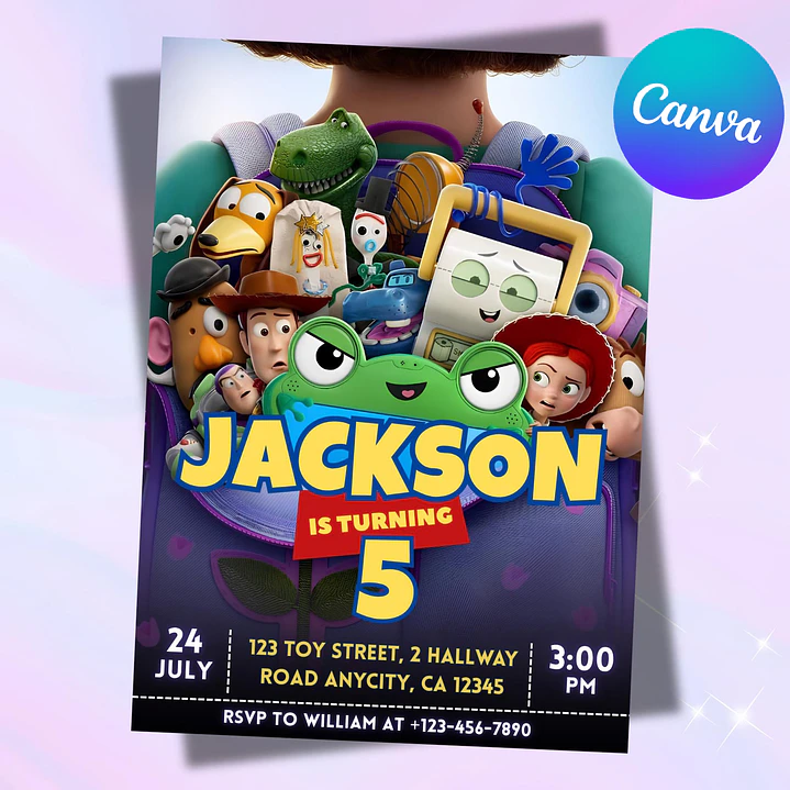 Convite Digital Toy Story Editável no Canva 1