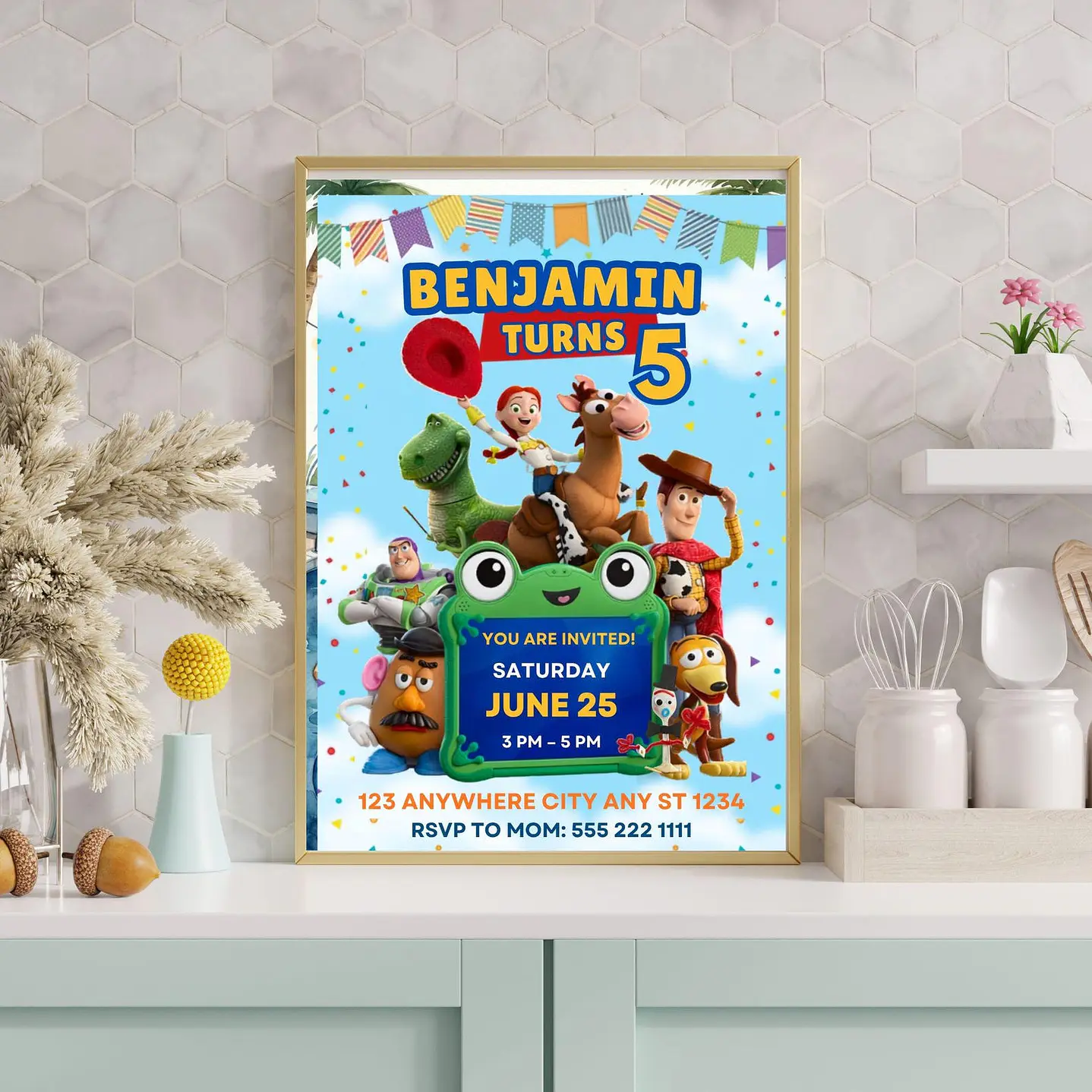 Convite de Aniversário Toy Story 5 Editável no Canva 3