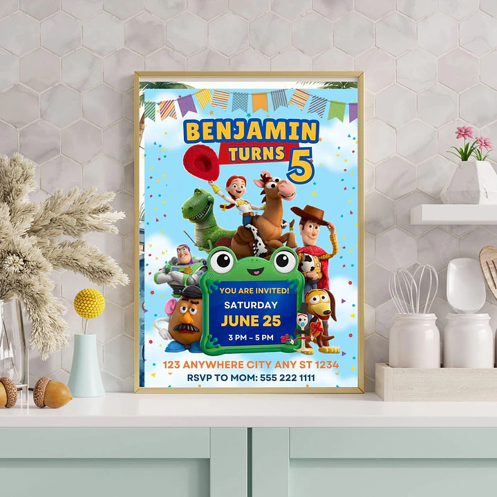 Convite de Aniversário Toy Story 5 Editável no Canva 3
