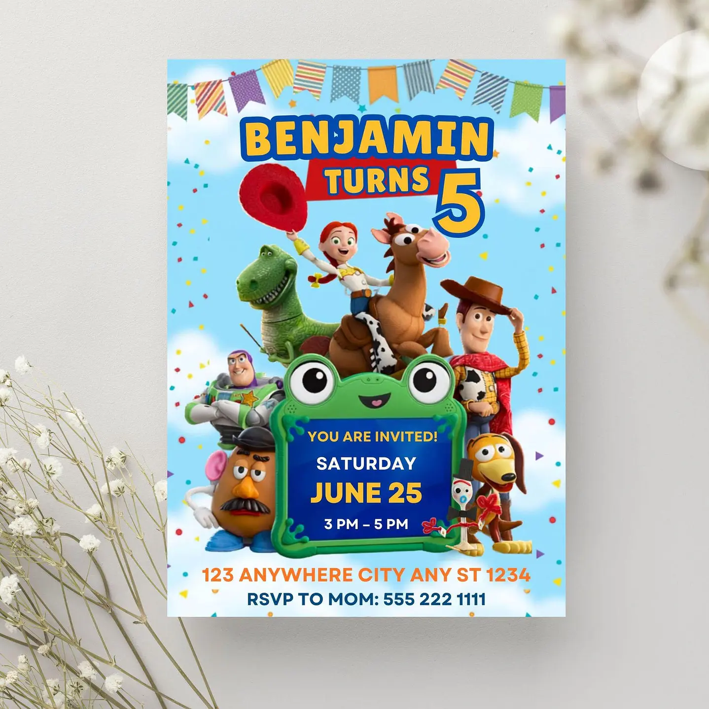 Convite de Aniversário Toy Story 5 Editável no Canva 4