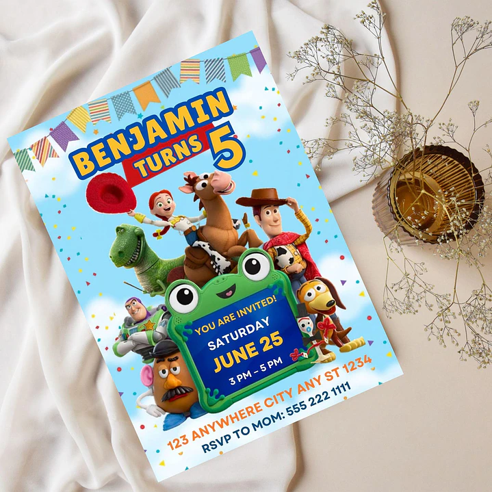 Convite de Aniversário Toy Story 5 Editável no Canva 2