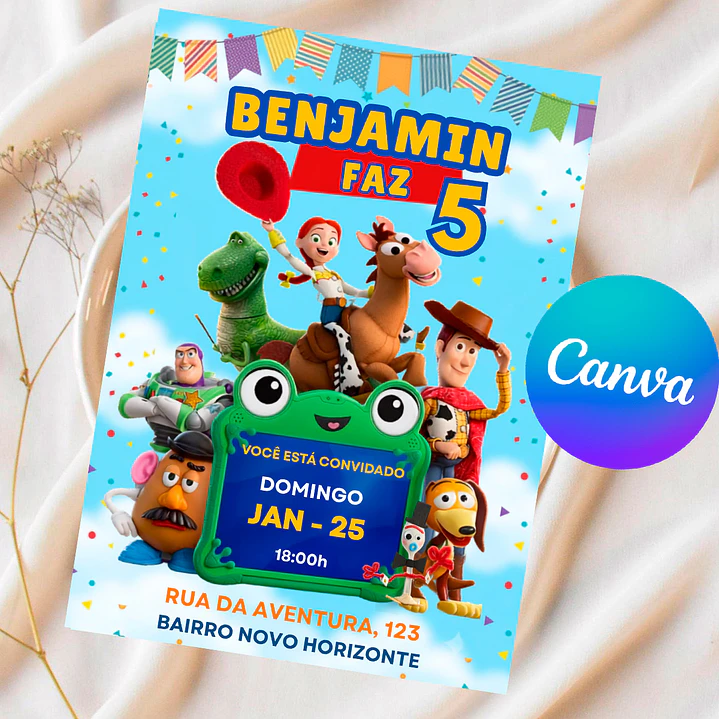 Convite de Aniversário Toy Story 5 Editável no Canva 1