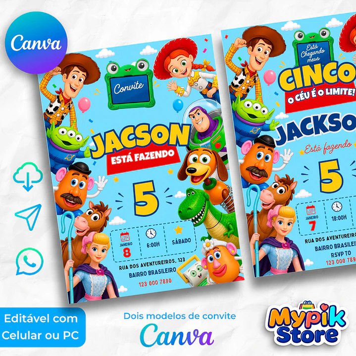 Convite Toy Story 5 Editável com Canva - Download Imediato  1