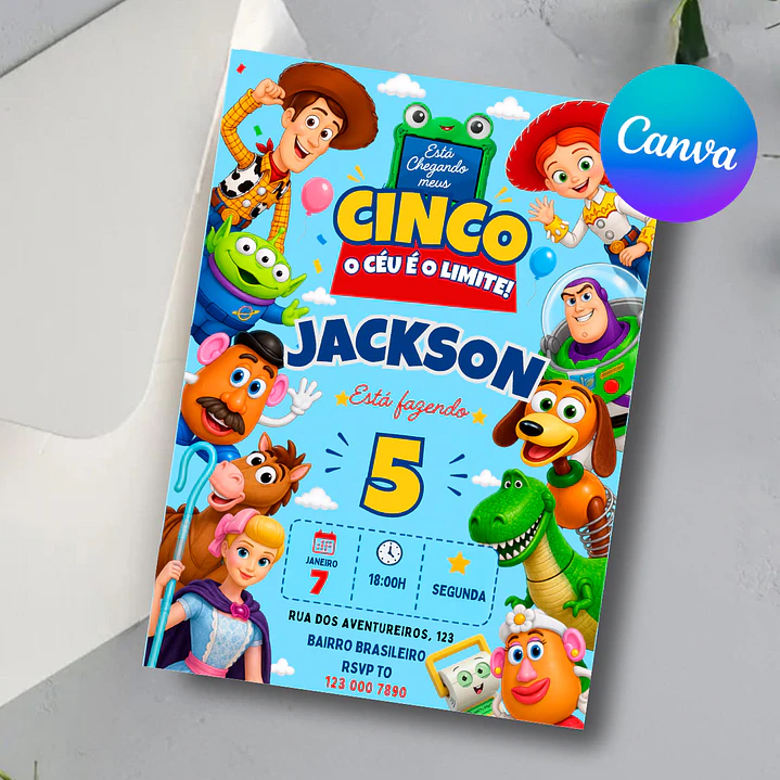 Convite Toy Story 5 Editável com Canva - Download Imediato  3