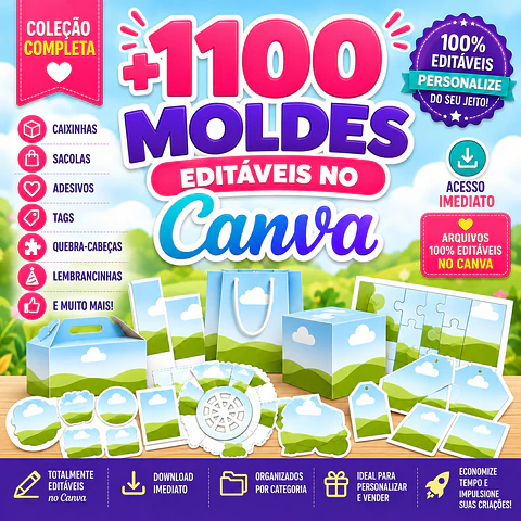 Pack com Mais de 1.100 Moldes Sacolas e Caixas Editáveis no Canva