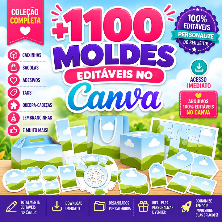 Pack com Mais de 1.100 Moldes Sacolas e Caixas Editáveis no Canva 1