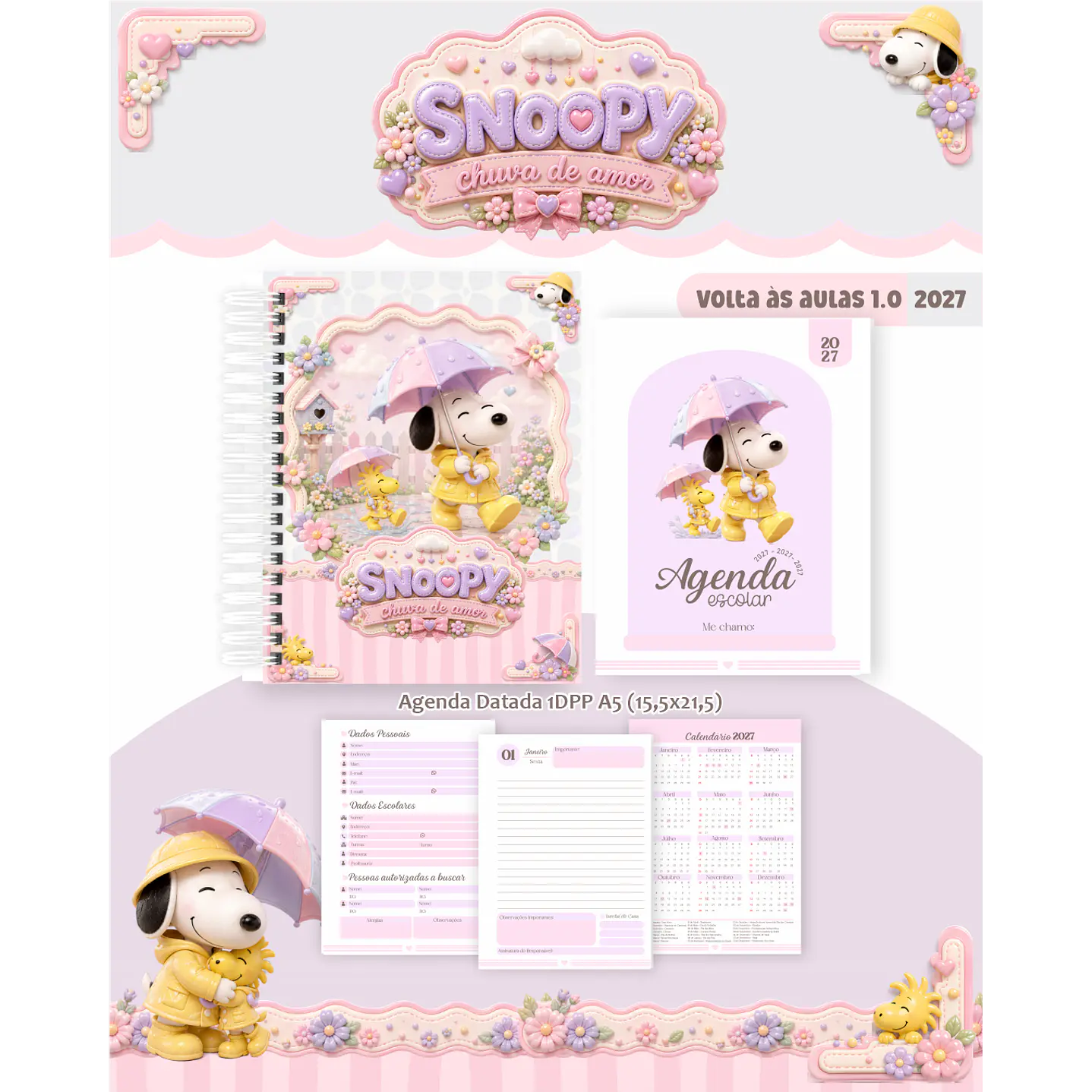 Kit Encadernação Snoopy Agenda e Cadernos 2027  – Volta às Aulas 2
