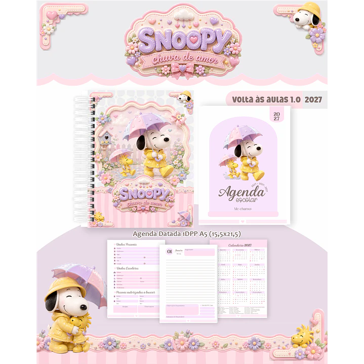Kit Encadernação Snoopy Agenda e Cadernos 2027  – Volta às Aulas 2