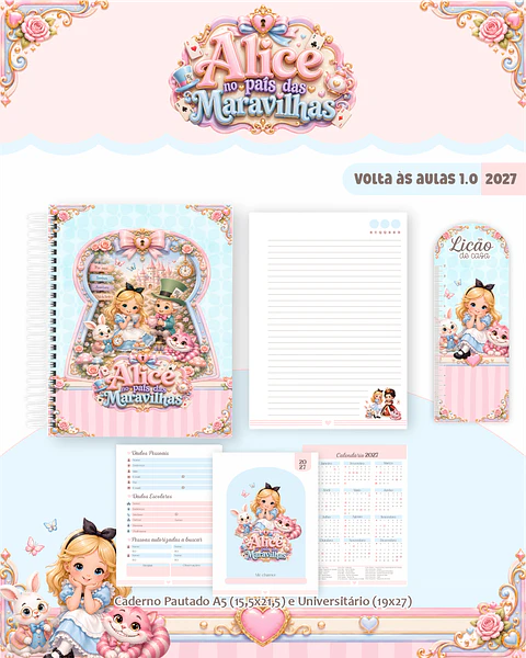 Kit Encadernação Alice no País das Maravilhas 2027 - Agendas e Cadernos 