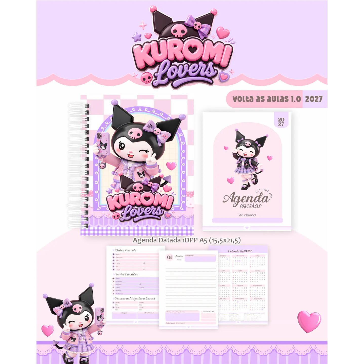 Kit Encadernação Kuromi Lovers 2027 – Volta às Aulas 2