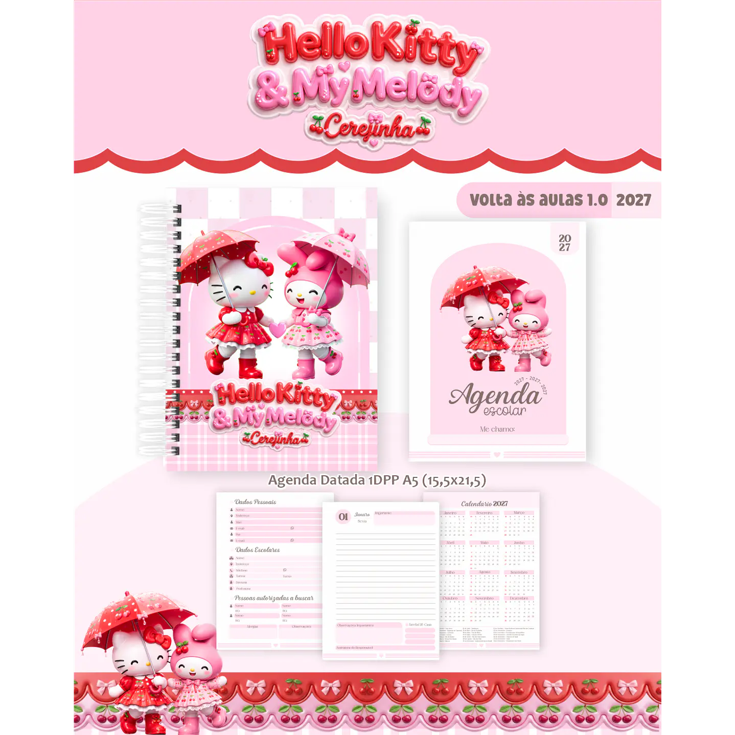 Kit Encadernação Hello Kitty & My Melody 2027 - Volta às aulas 2