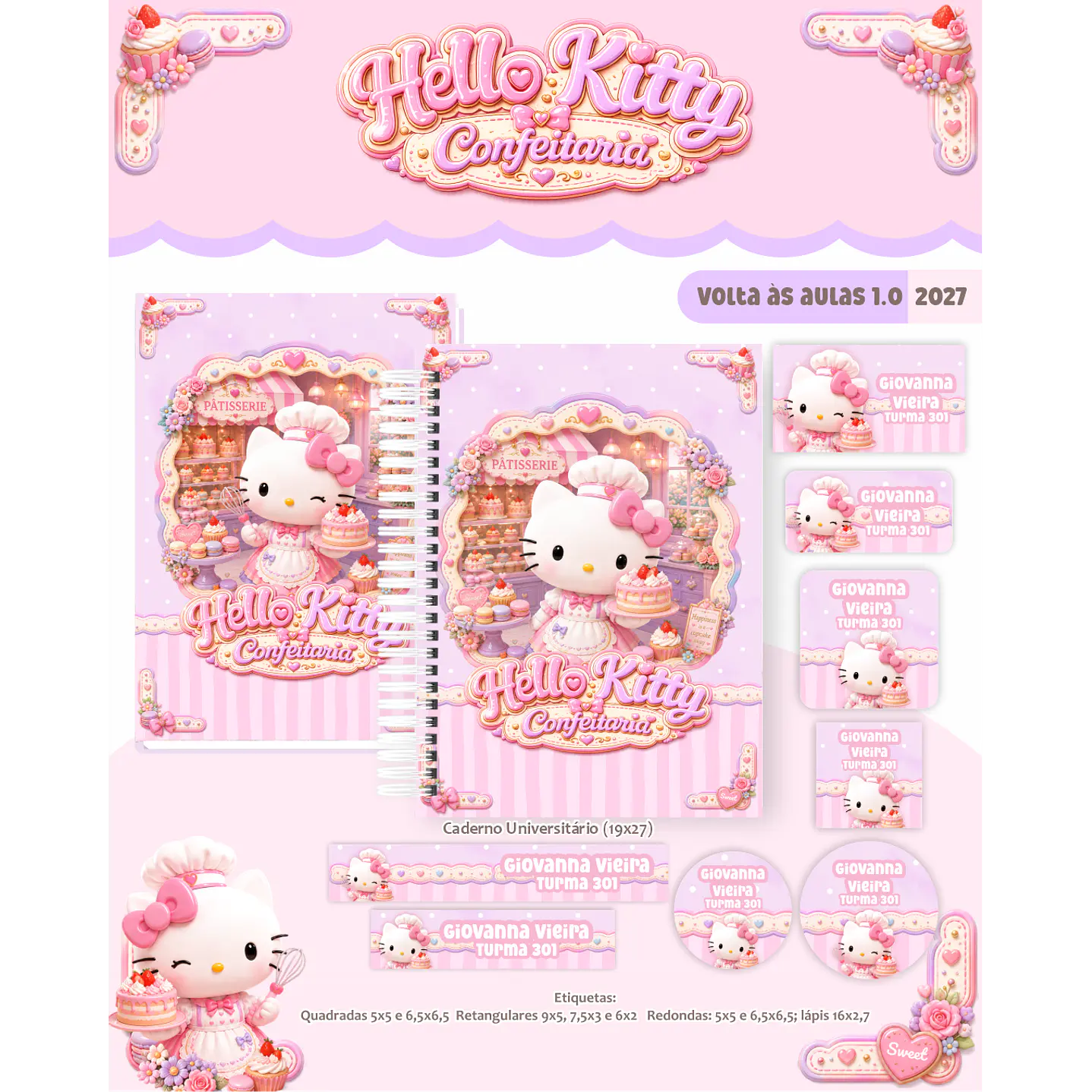 Kit Encadernação Hello Kitty Confeitaria 2027 – Volta às Aulas 1