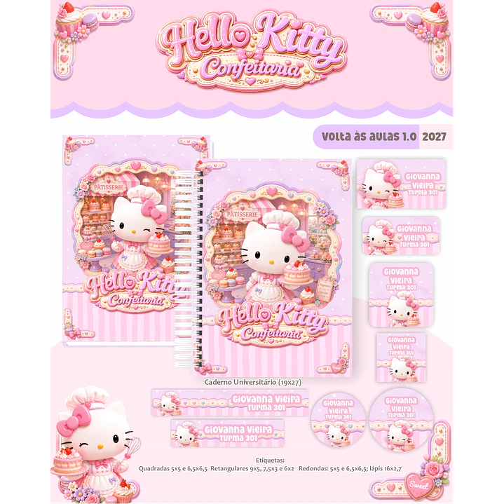 Kit Encadernação Hello Kitty Confeitaria 2027 – Volta às Aulas 1
