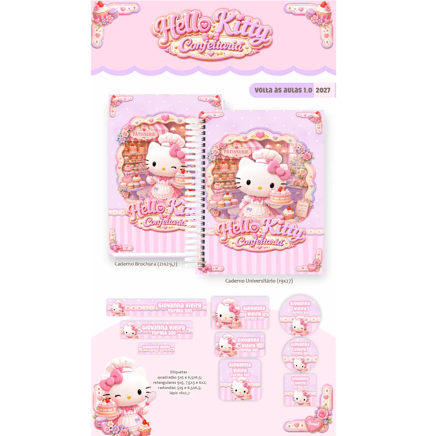 Kit Encadernação Hello Kitty Confeitaria 2027 – Volta às Aulas 5
