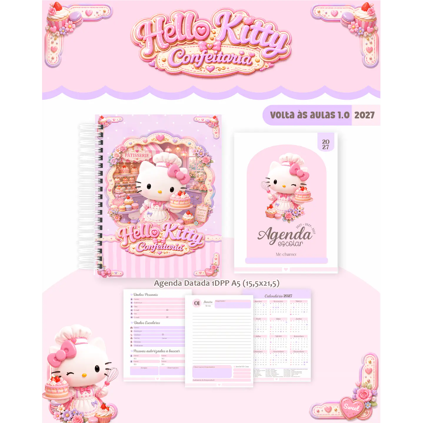 Kit Encadernação Hello Kitty Confeitaria 2027 – Volta às Aulas 2