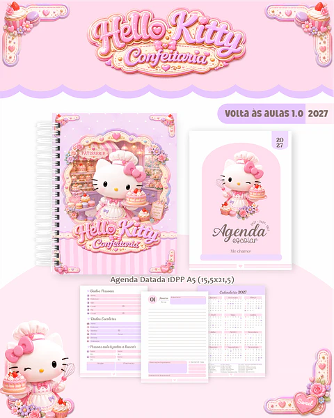 Kit Encadernação Hello Kitty Confeitaria 2027 – Volta às Aulas