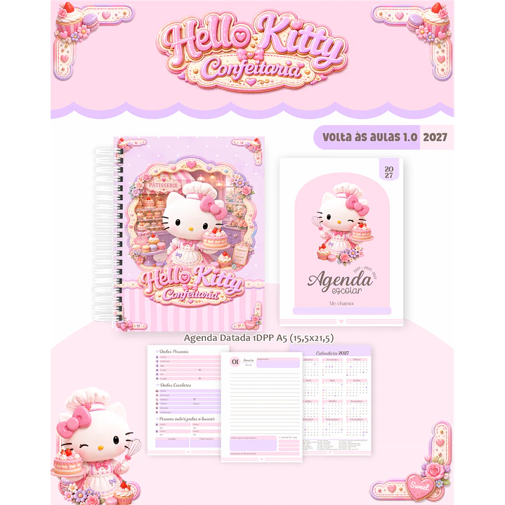 Kit Encadernação Hello Kitty Confeitaria 2027 – Volta às Aulas 2