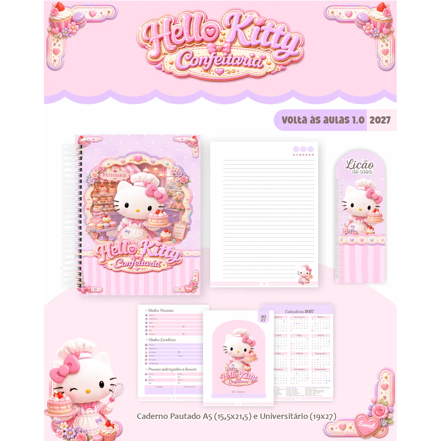 Kit Encadernação Hello Kitty Confeitaria 2027 – Volta às Aulas 6