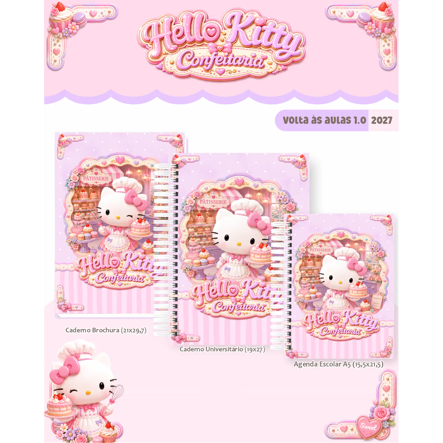 Kit Encadernação Hello Kitty Confeitaria 2027 – Volta às Aulas 7