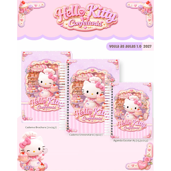Kit Encadernação Hello Kitty Confeitaria 2027 – Volta às Aulas 7
