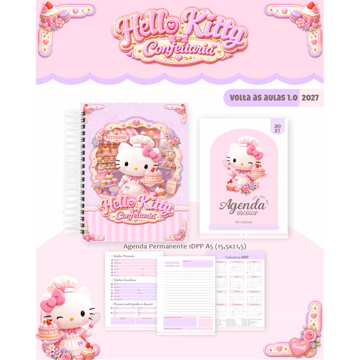 Kit Encadernação Hello Kitty Confeitaria 2027 – Volta às Aulas 9