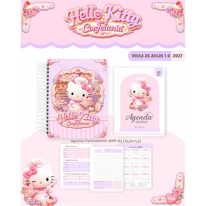 Kit Encadernação Hello Kitty Confeitaria 2027 – Volta às Aulas 9