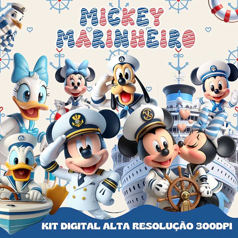 Kit Digital Mickey Marinheiro PNG com Papéis Digitais