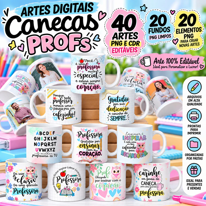 Pack Canecas para Professores - 40 Artes PNG e CDR 1
